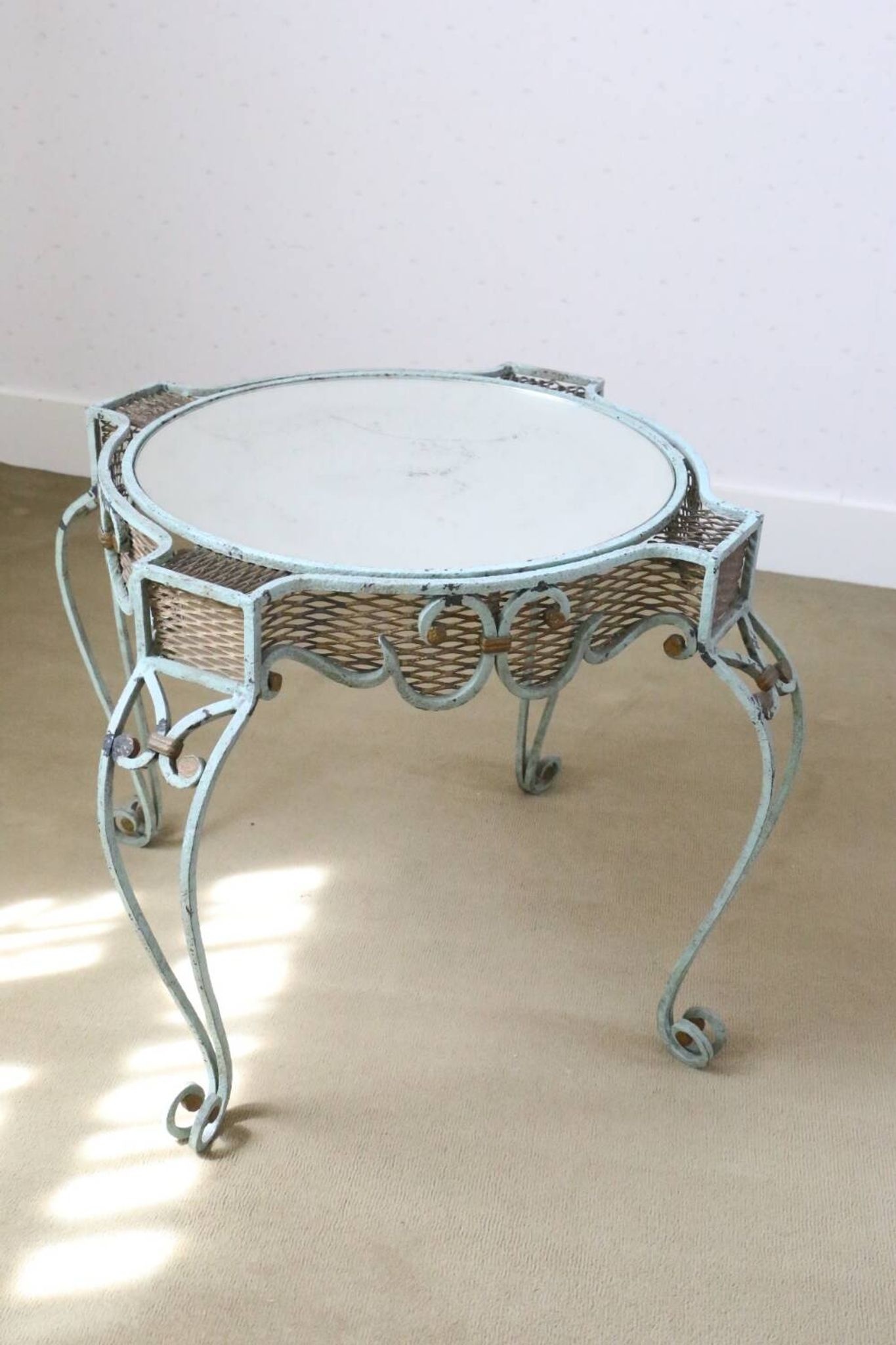 Wrought iron pedestal table mirror top 1930