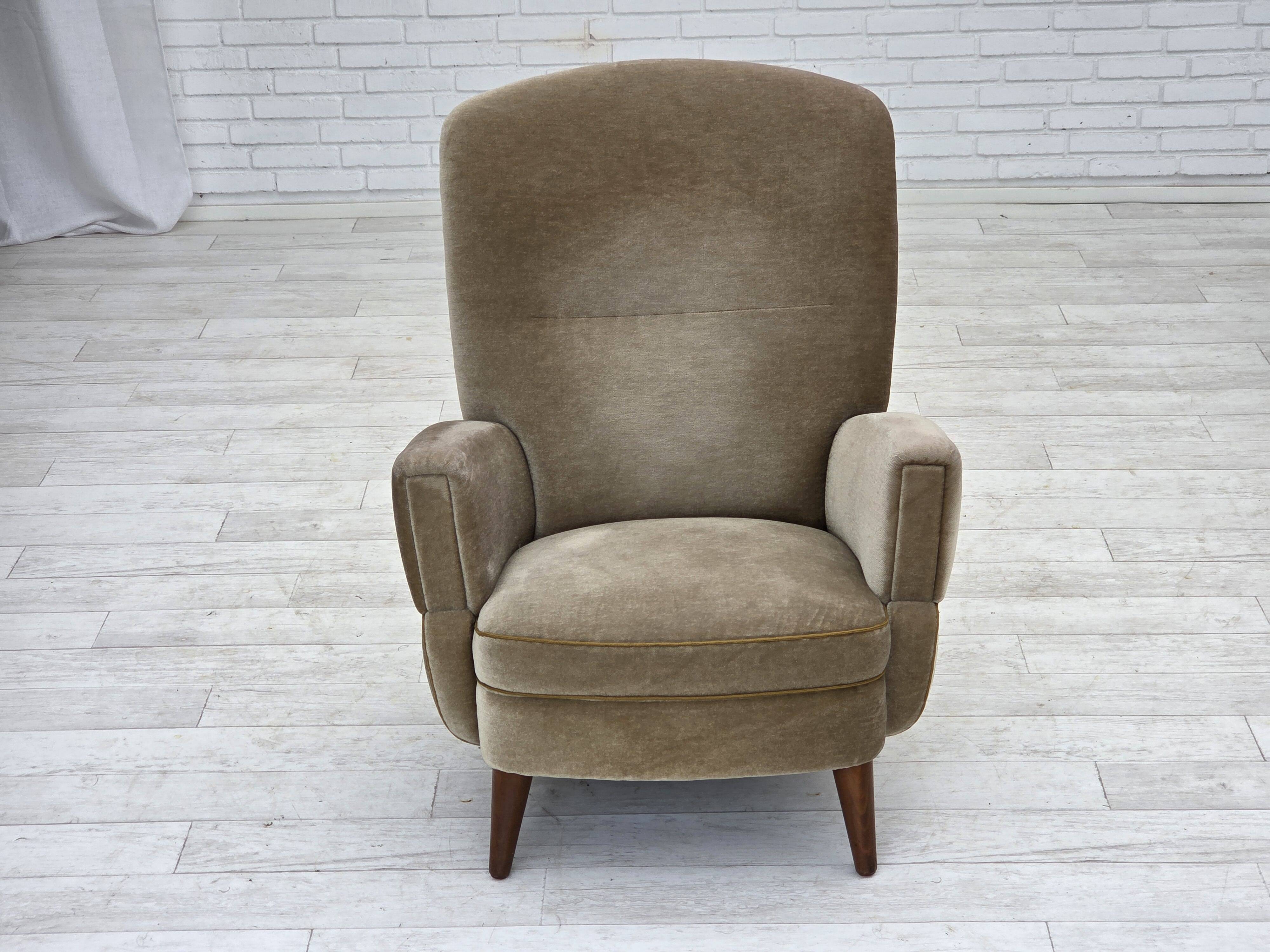 1970s, Danish armchair, green furniture velour, beech wood legs.