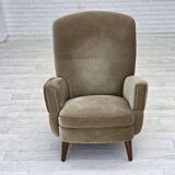 1970s, Danish armchair, green furniture velour, beech wood legs.
