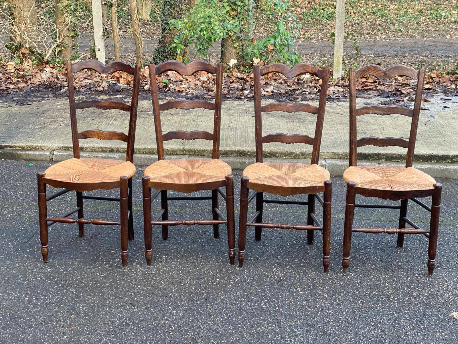 4 Provençal chairs, solid dark oak with rush seats.