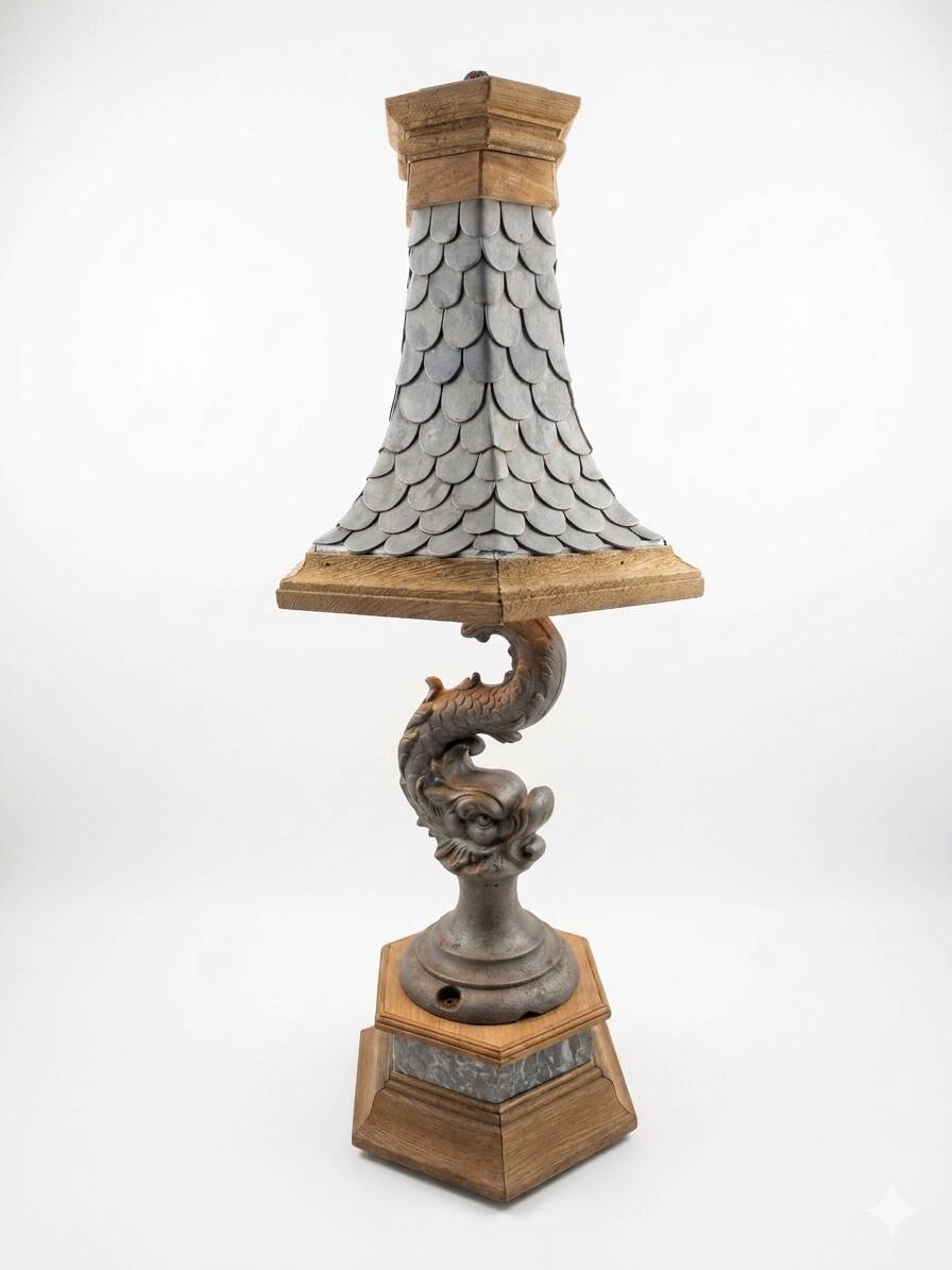 Monumental lamp with a dolphin in cast iron and lead scales - 110cm