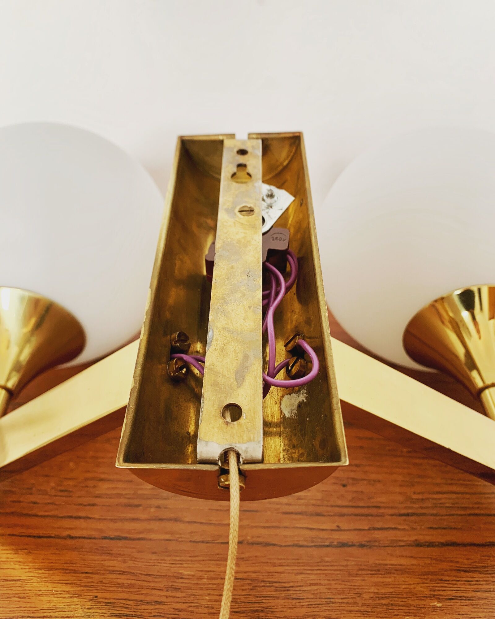 Set of 2 brass and opaline glass Sputnik wall lamps by Kaiser Leuchten