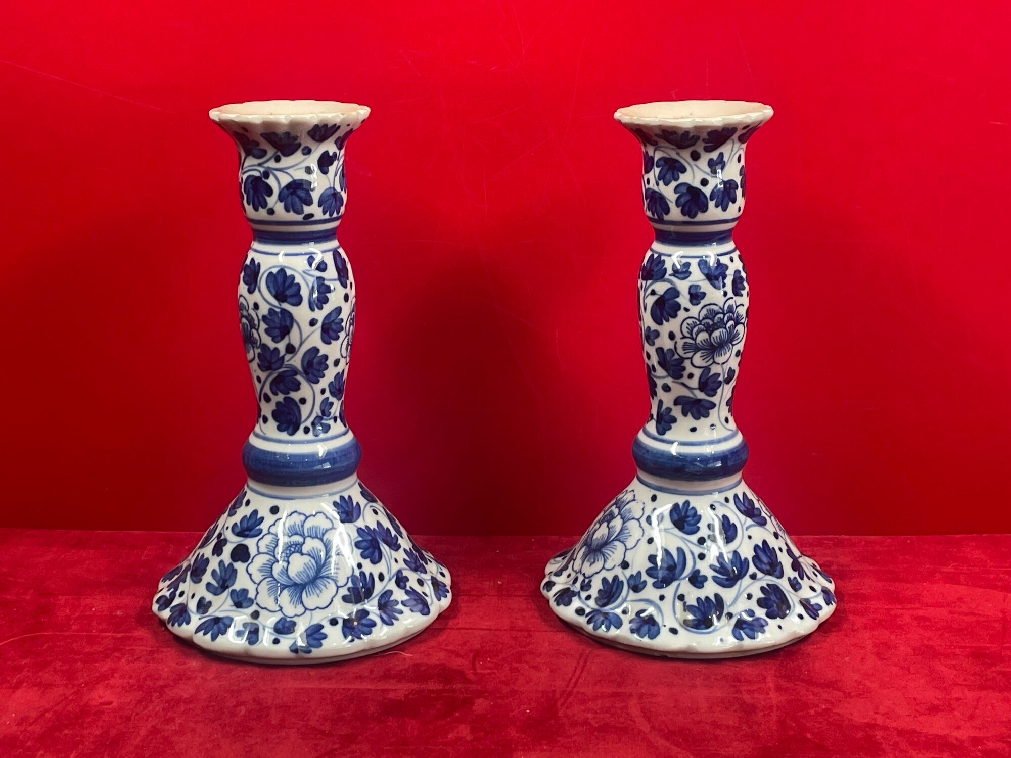 Pair of blue and white candle holders