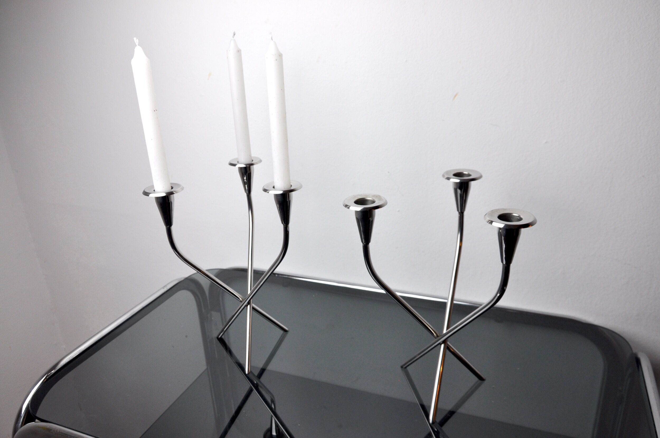 Pair of Scandinavian 3-arm candlesticks in alpaca, Sweden, 1970