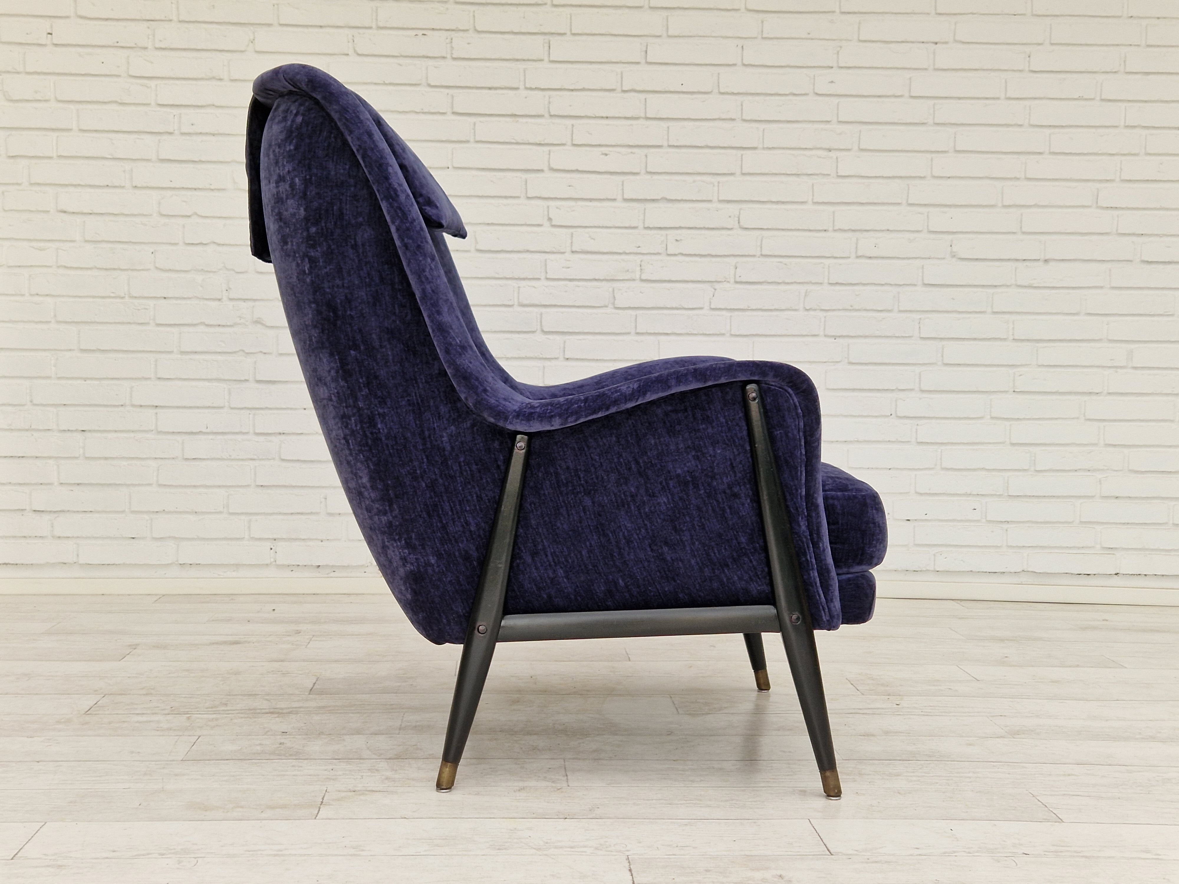 1960s, Swedish design, refurbished high-back armchair, vintage velour