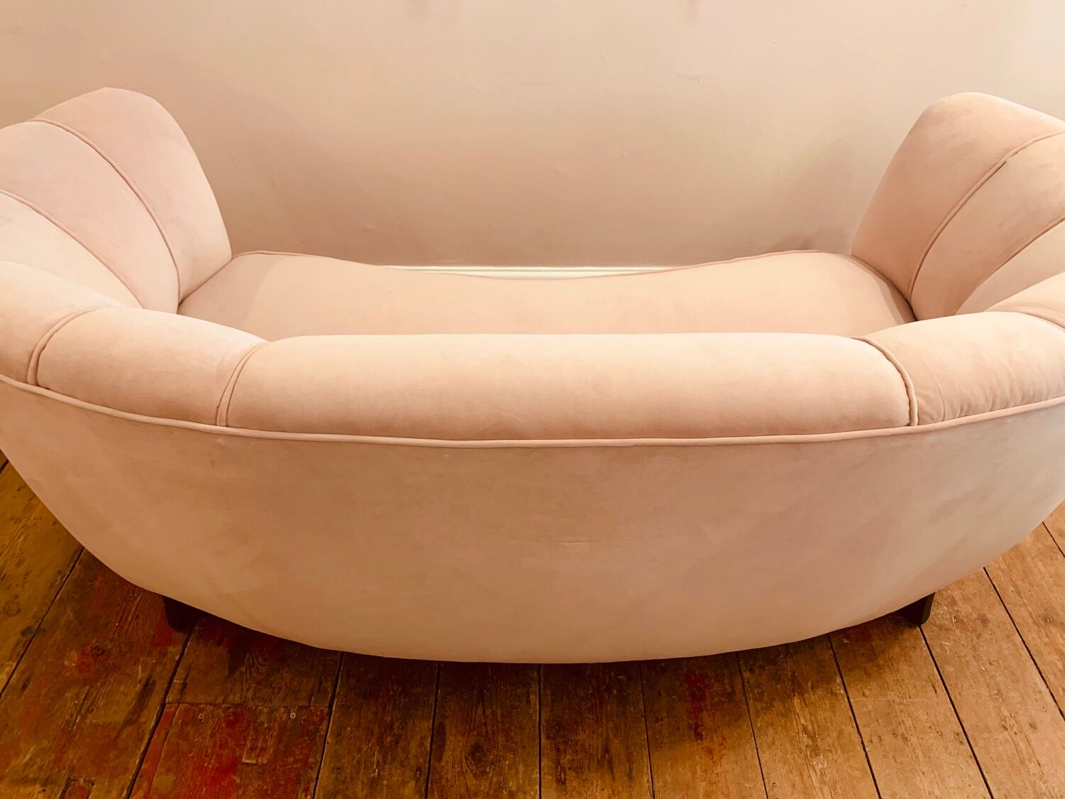 1940s Danish Banana Shaped Scalloped Sofa in Blush Pink