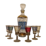 Liquor carafe and 6 assorted glasses