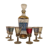 Liquor carafe and 6 assorted glasses