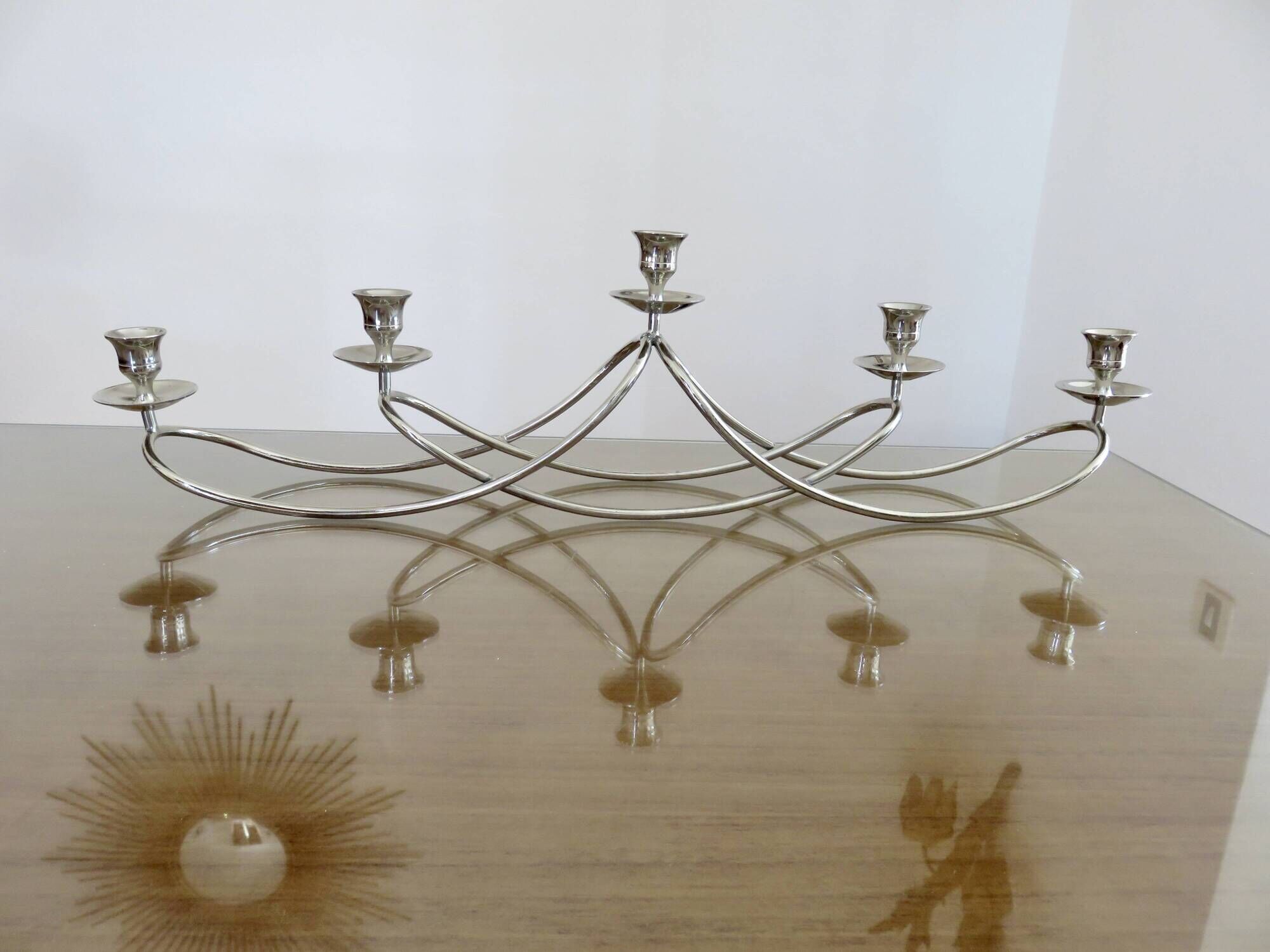 XXL silver metal candle holder 5 lights 70s