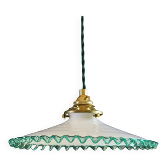 suspension in opaline white glass with a green net, delivered with cable and new socket