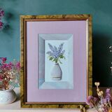 Composition of a watercolor bouquet of lilacs in a handmade clay pot