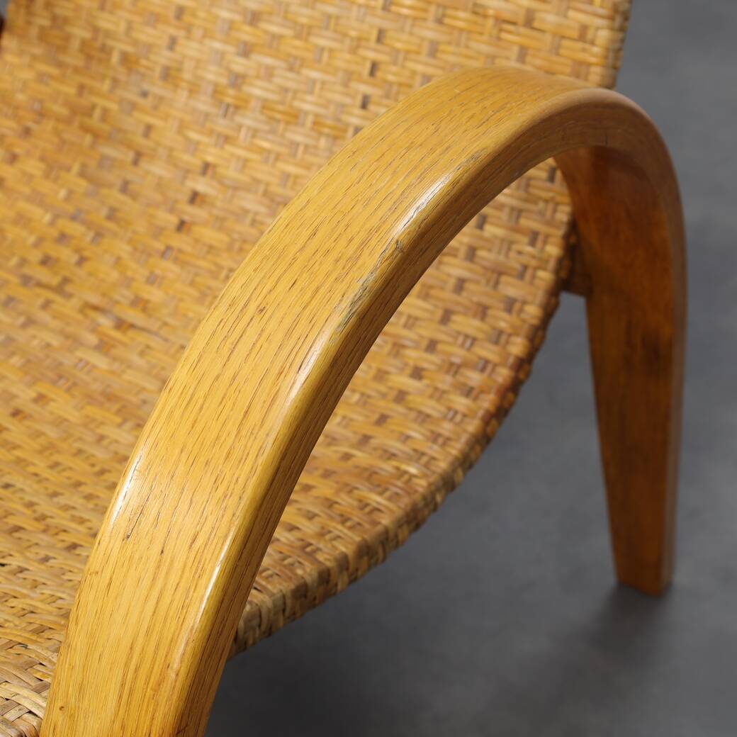 Rare Armchair in Wood and Woven Rattan, 1960s