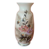 Opaline vase floral decoration pink background 1900