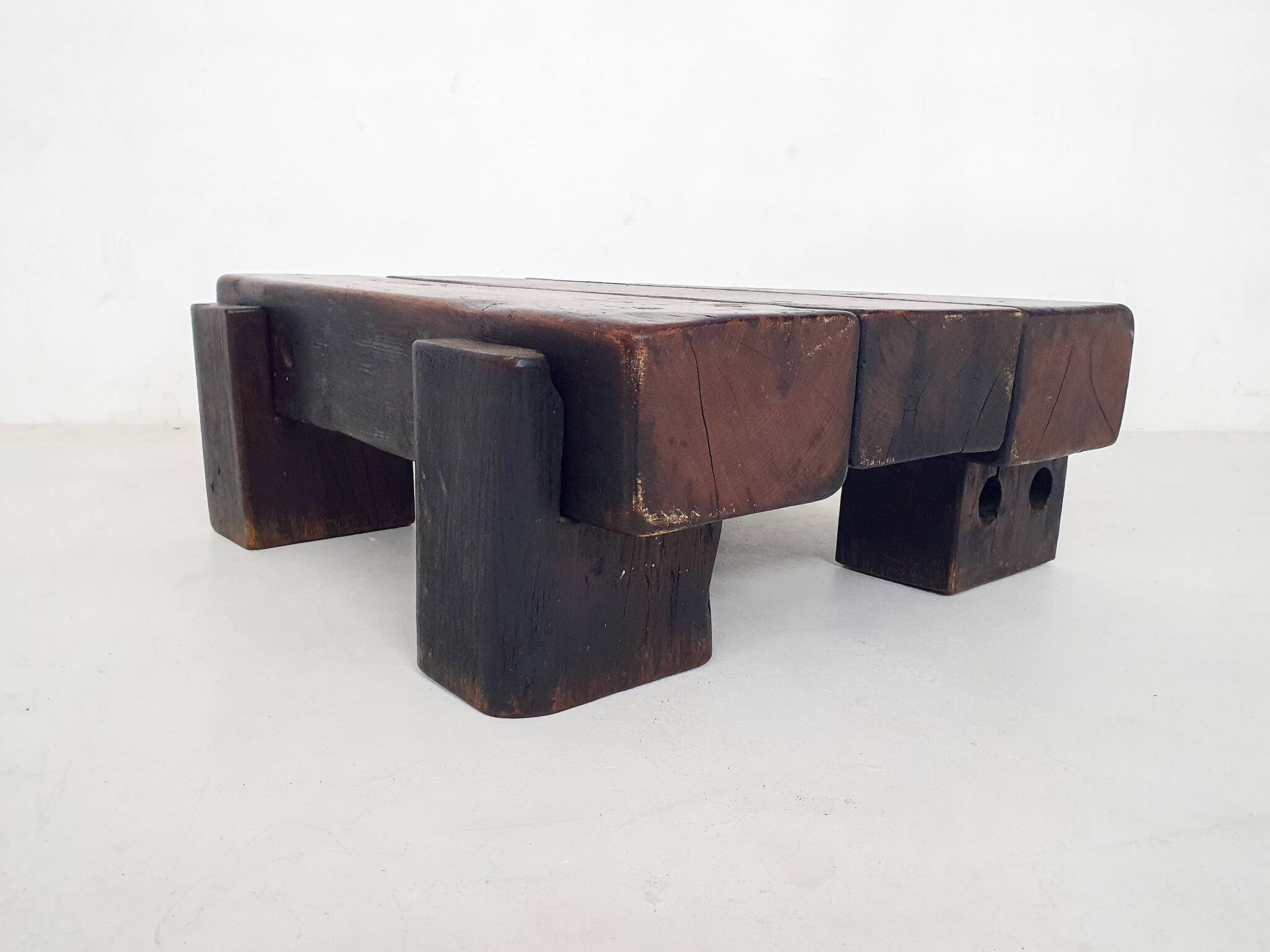Mid-century brutalist solid wooden coffee table, The Netherlands 1970's