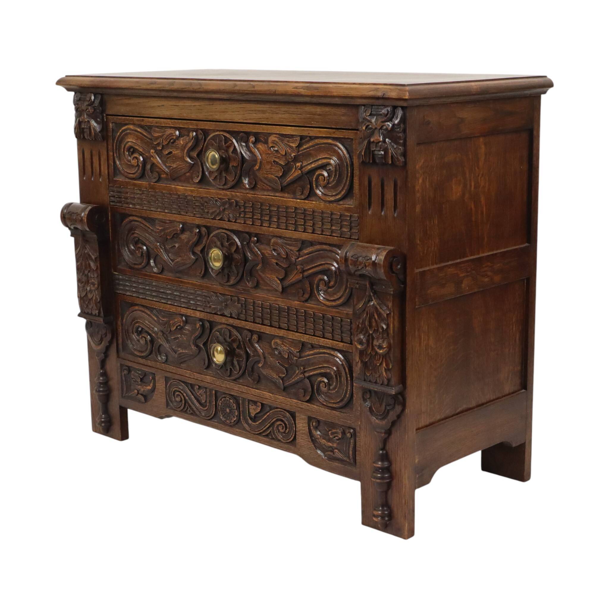 Vintage Carved Oak Cabinet/Chest of Drawers with Mythical Figures