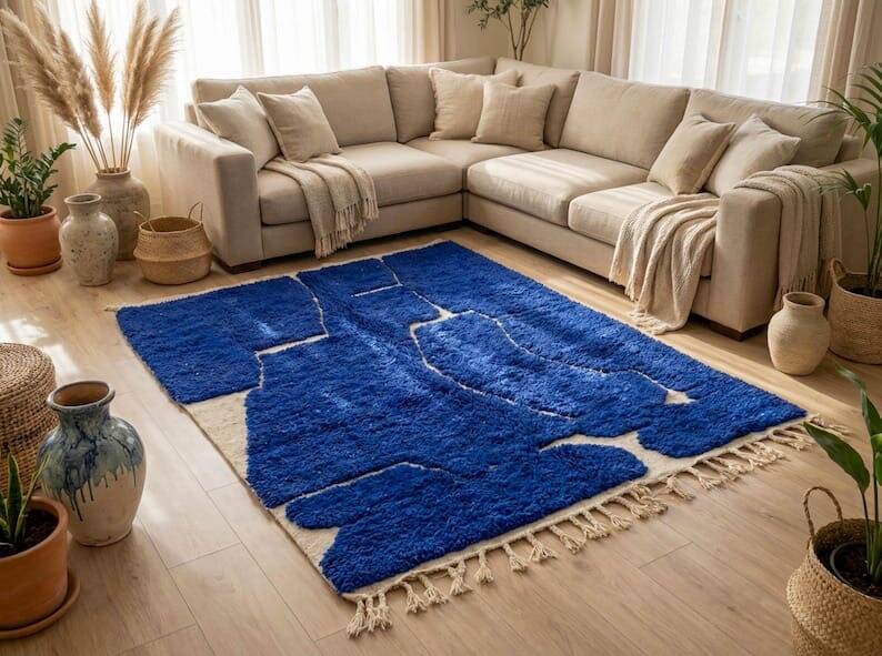 Handmade pure wool rug with blue patterns, 150/250 cm.