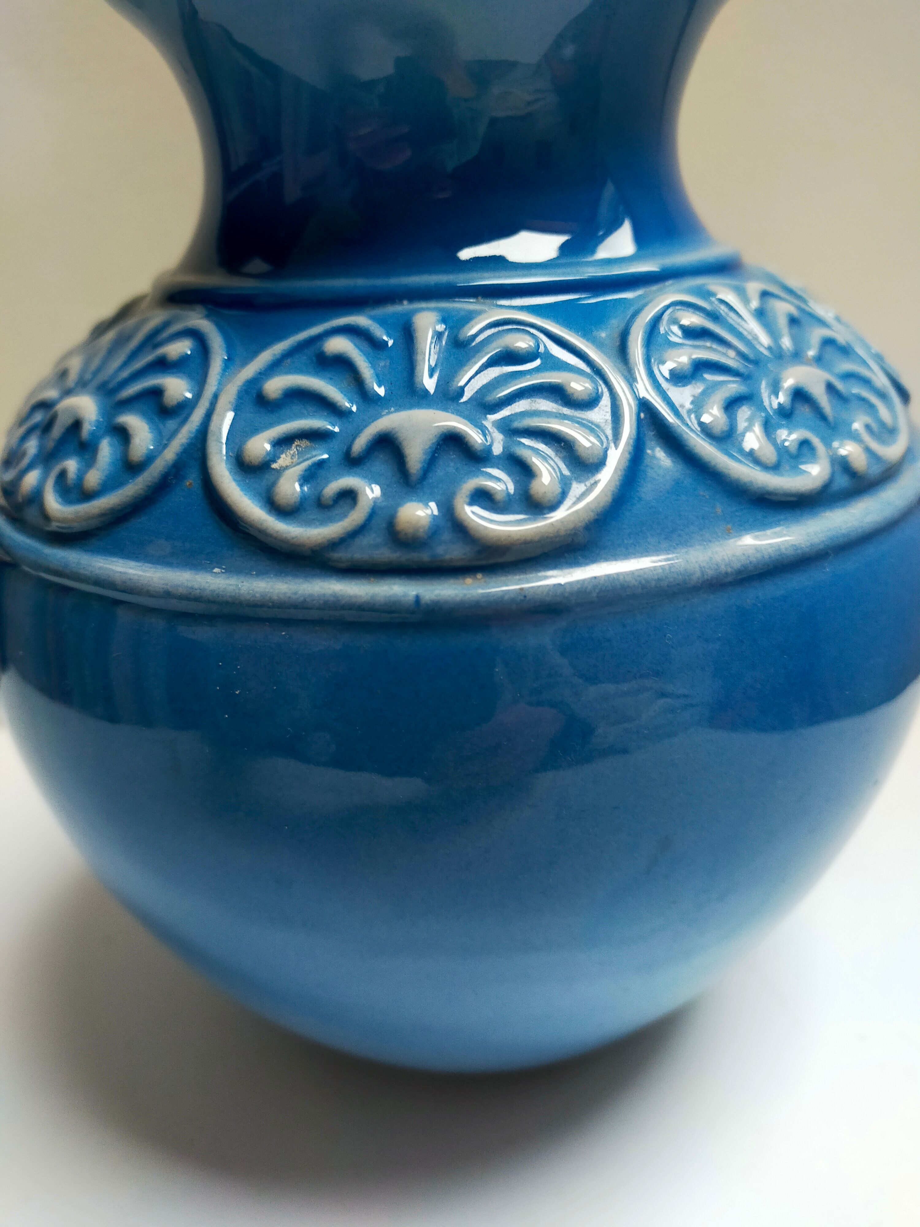 Ceramic vase ball blue art deco vintage carved numbered