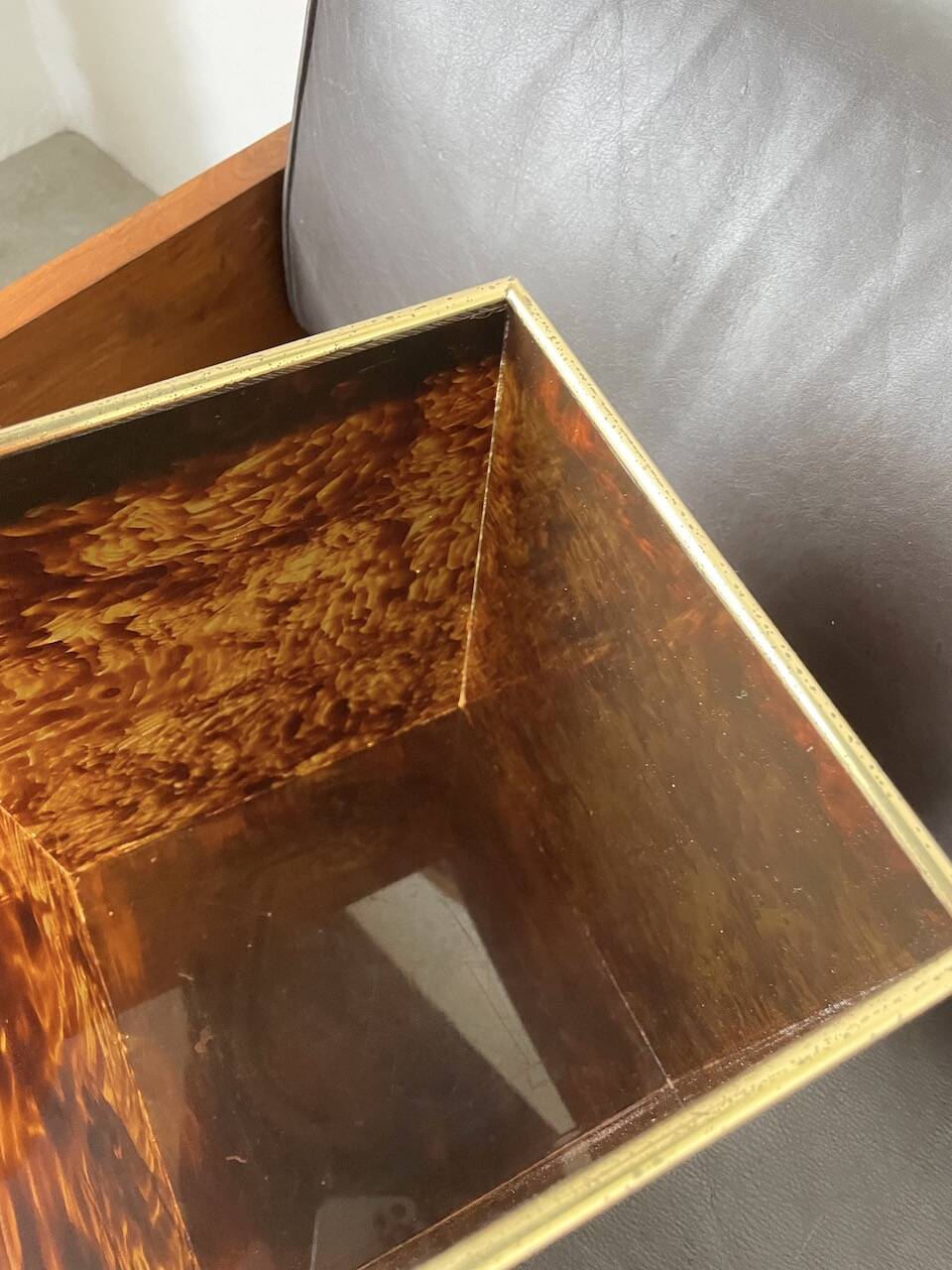 Tortoiseshell, resin and brass trash can from the 50s