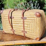Early 20th century woven rattan straw suitcase