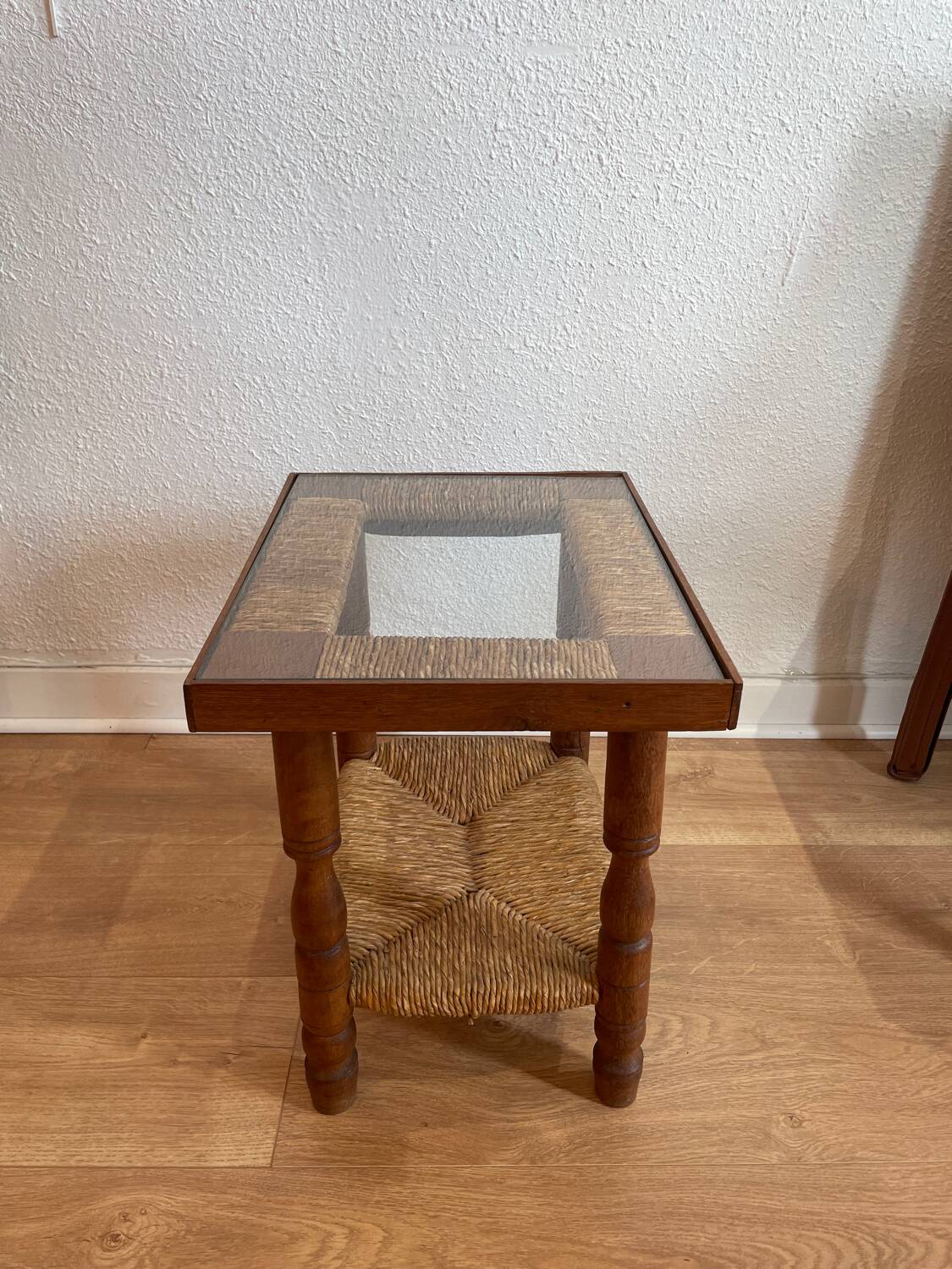 Wood, straw and glass side table, circa 1950