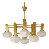 Gaetano Sciolari 1970s Italian Brass & Textured Glass 9-Light Chandelier