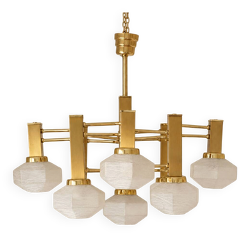 Gaetano Sciolari 1970s Italian Brass & Textured Glass 9-Light Chandelier