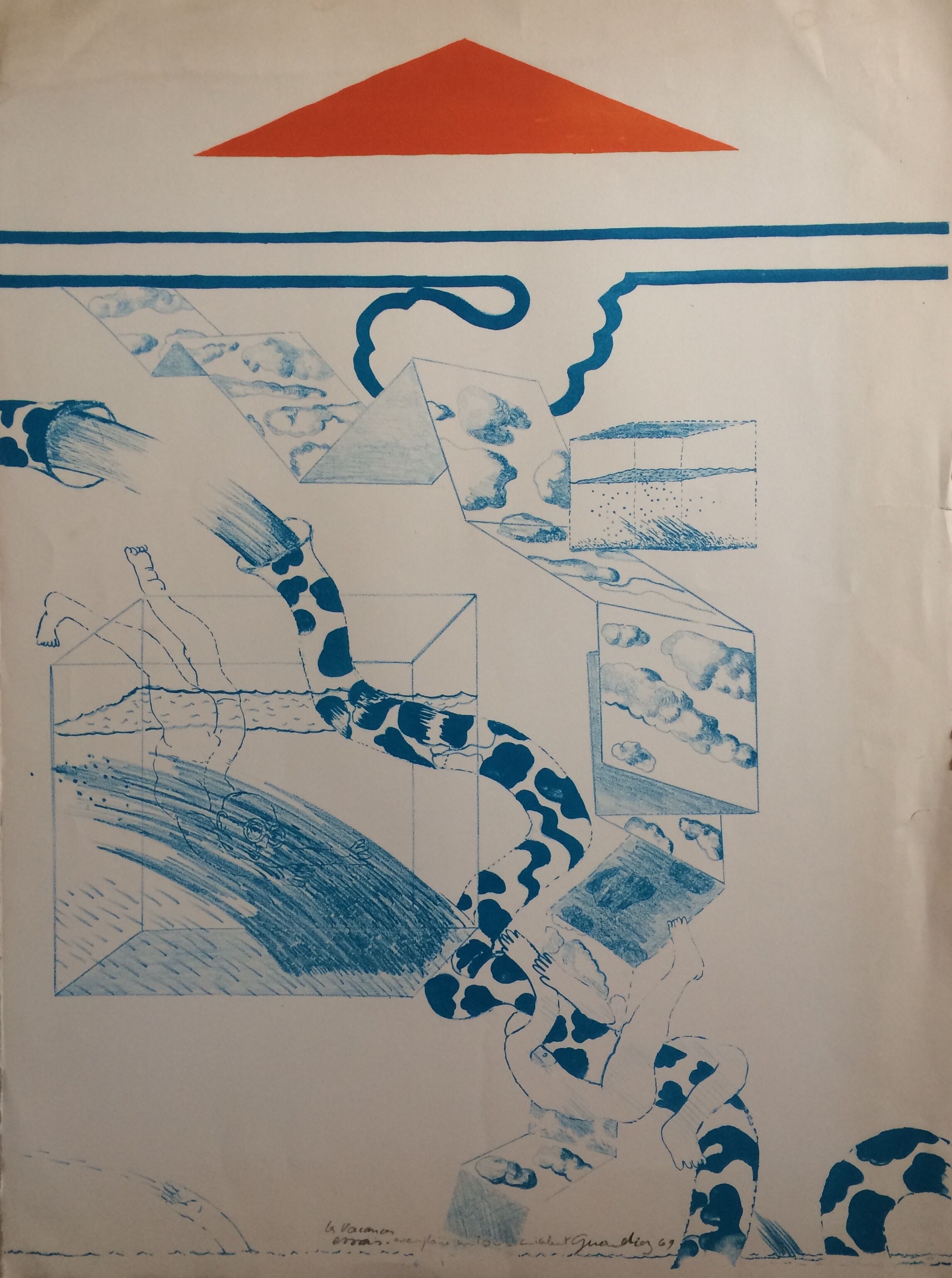 Original lithograph signed by Gérald Diaz, dit GÉRARDIAZ, Les vacances (essays), 1969