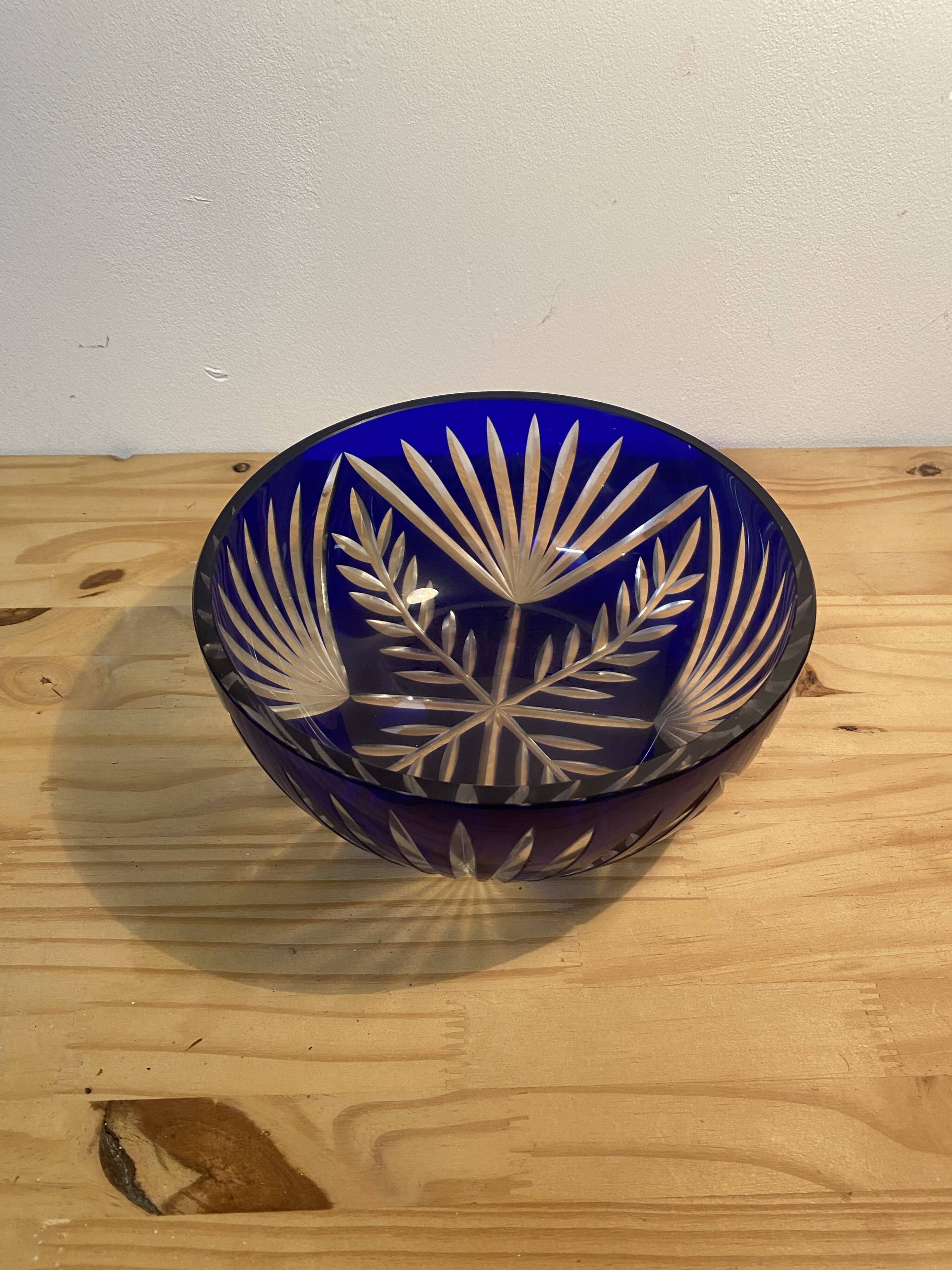 Cobalt Blue Cut Glass Salad Bowl