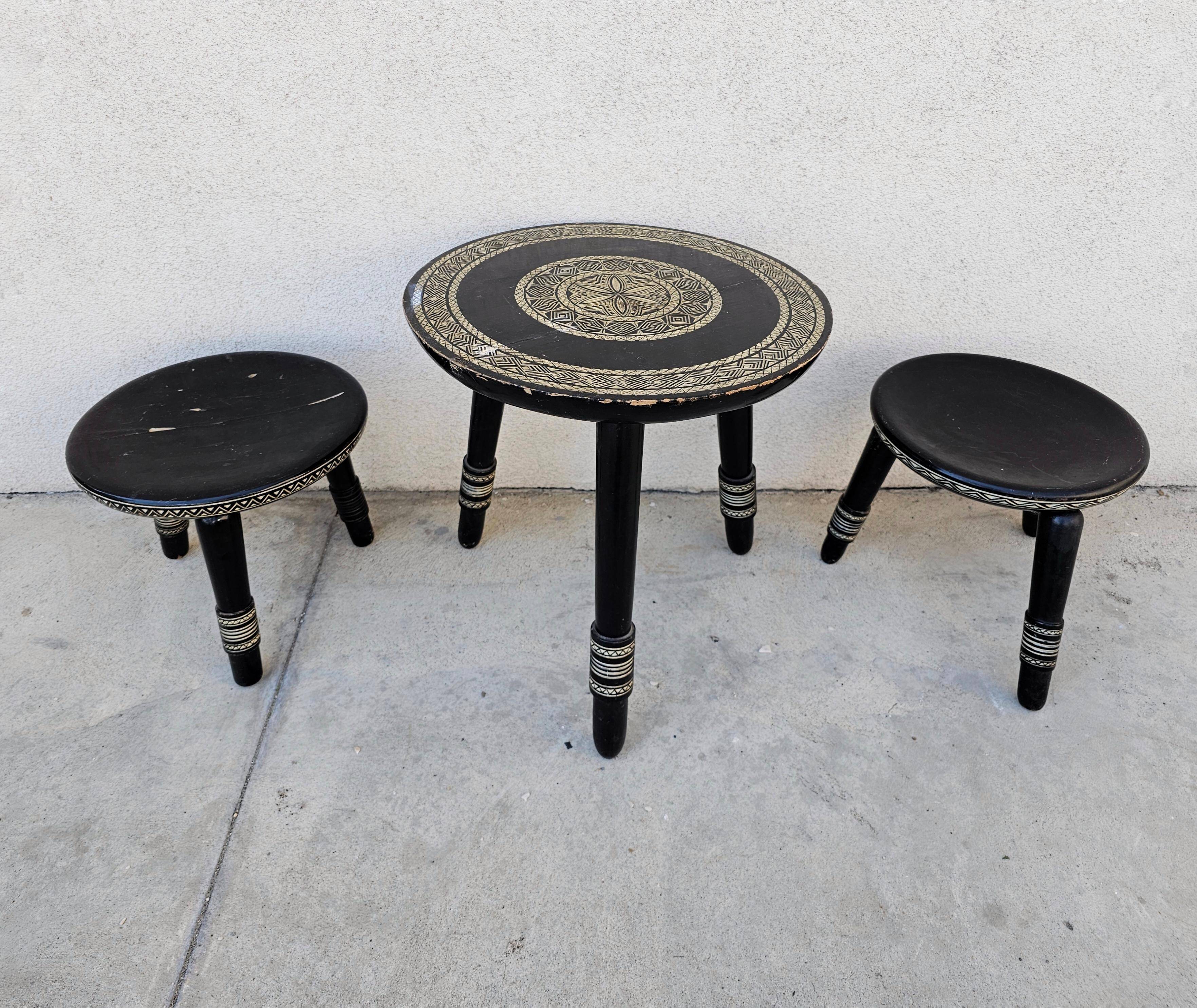 Antique hand-carved coffee table with 6 stools by Ettore Zacchari, 1900s.