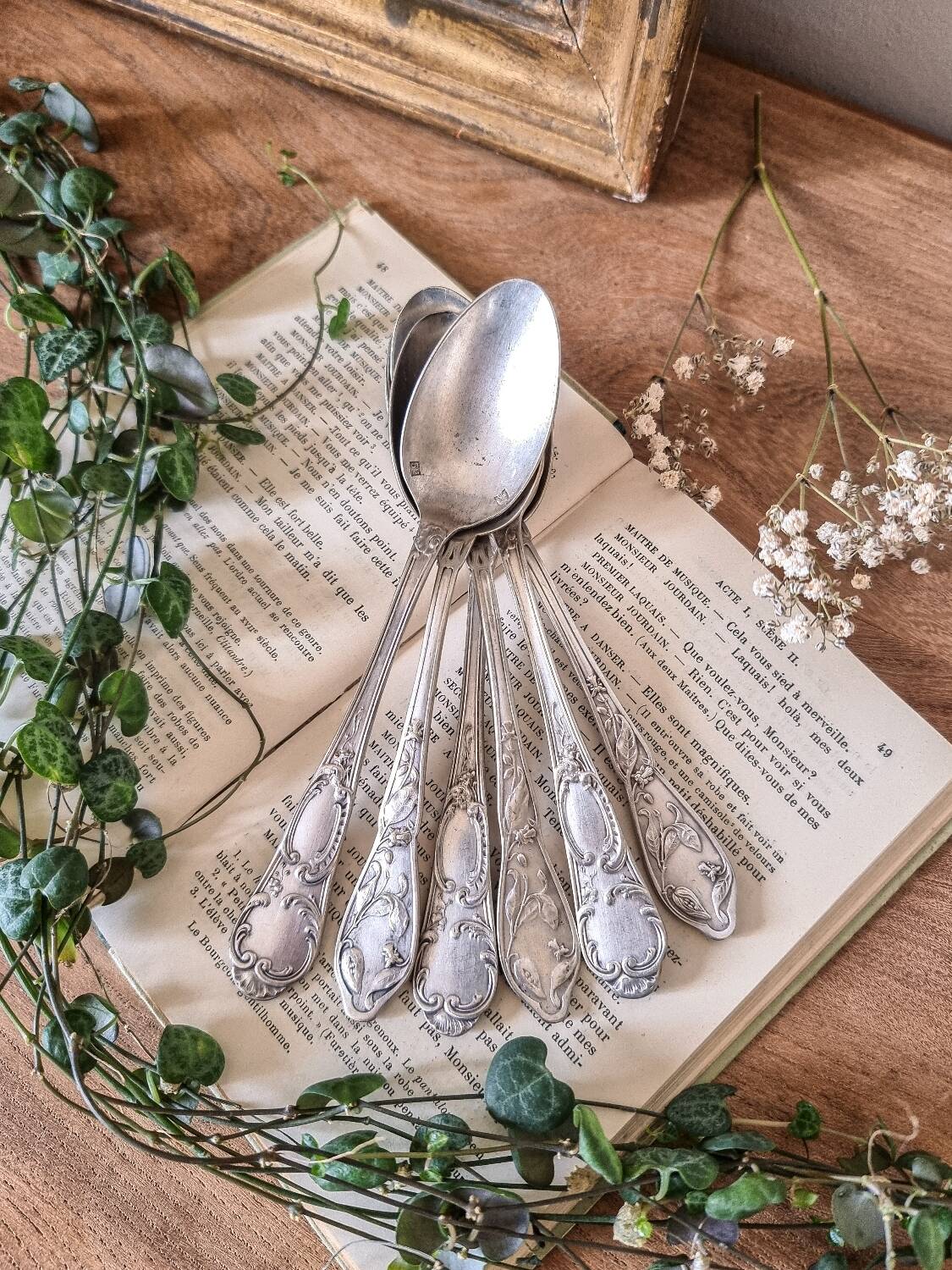 6 small spoons, silver metal 5gr, mix of 2 models, art nouveau style