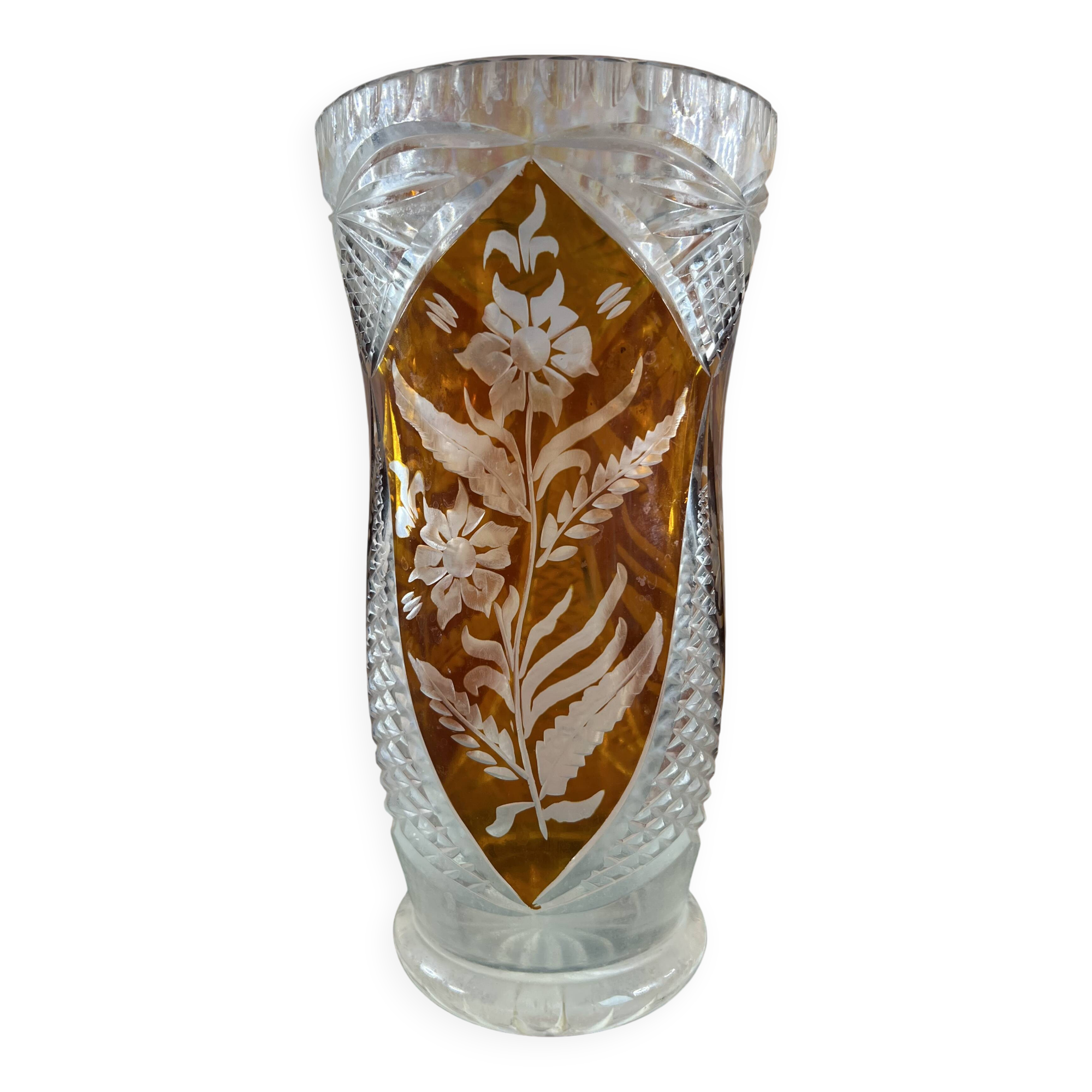 Large amber crystal vase – Engraved floral decoration – 29 cm