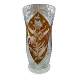 Large amber crystal vase – Engraved floral decoration – 29 cm