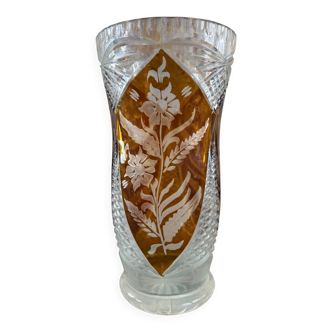 Large amber crystal vase – Engraved floral decoration – 29 cm