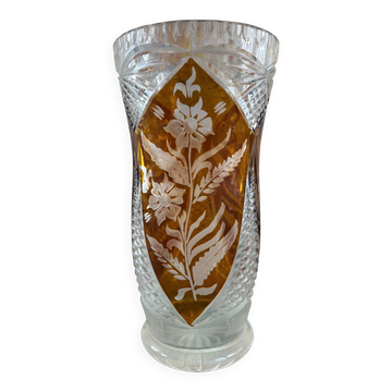 Grand vase en cristal ambre – Décor floral gravé – 29 cm