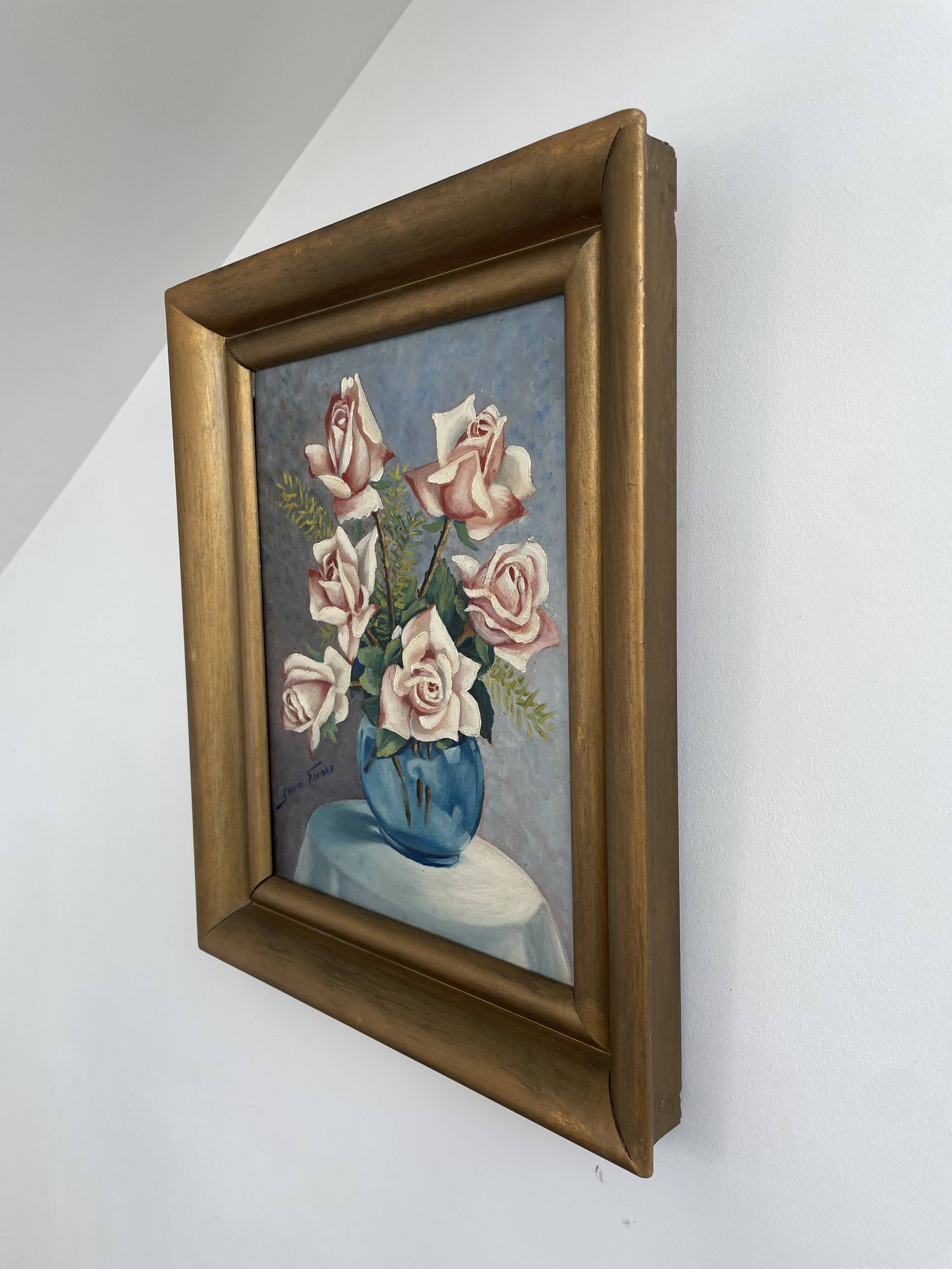 Still life with roses – Signed oil, blue vase, vintage gold frame