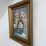 Still life with roses – Signed oil, blue vase, vintage gold frame