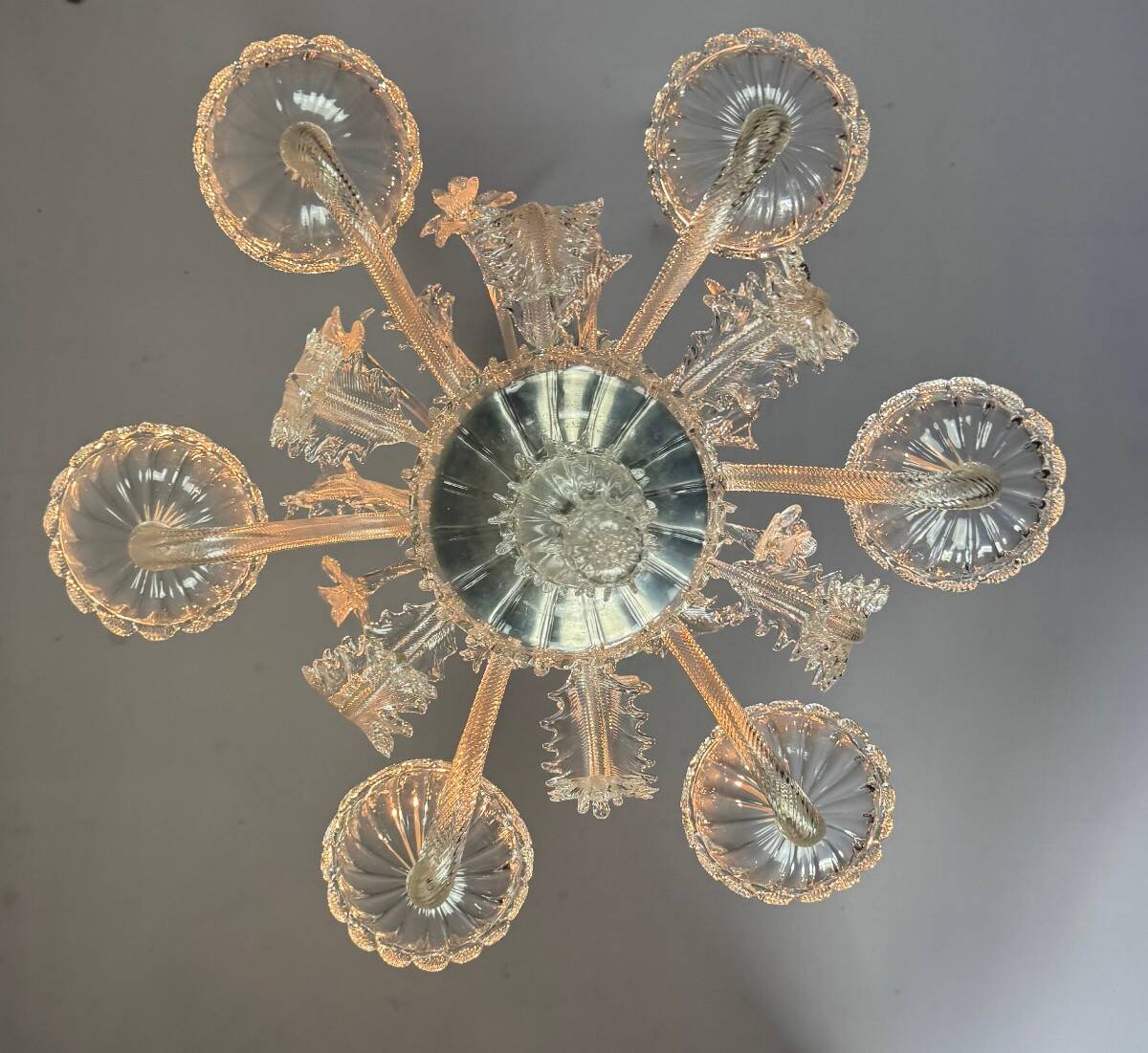 Venetian chandelier in colorless Murano glass, 6 light arms, circa 1940