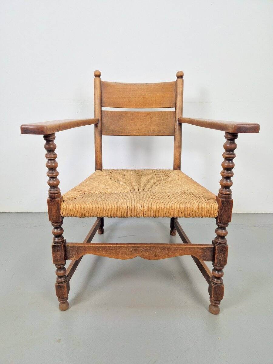 Vintage Dutch Bobbin Armchair in Oak and Rush, 1930s