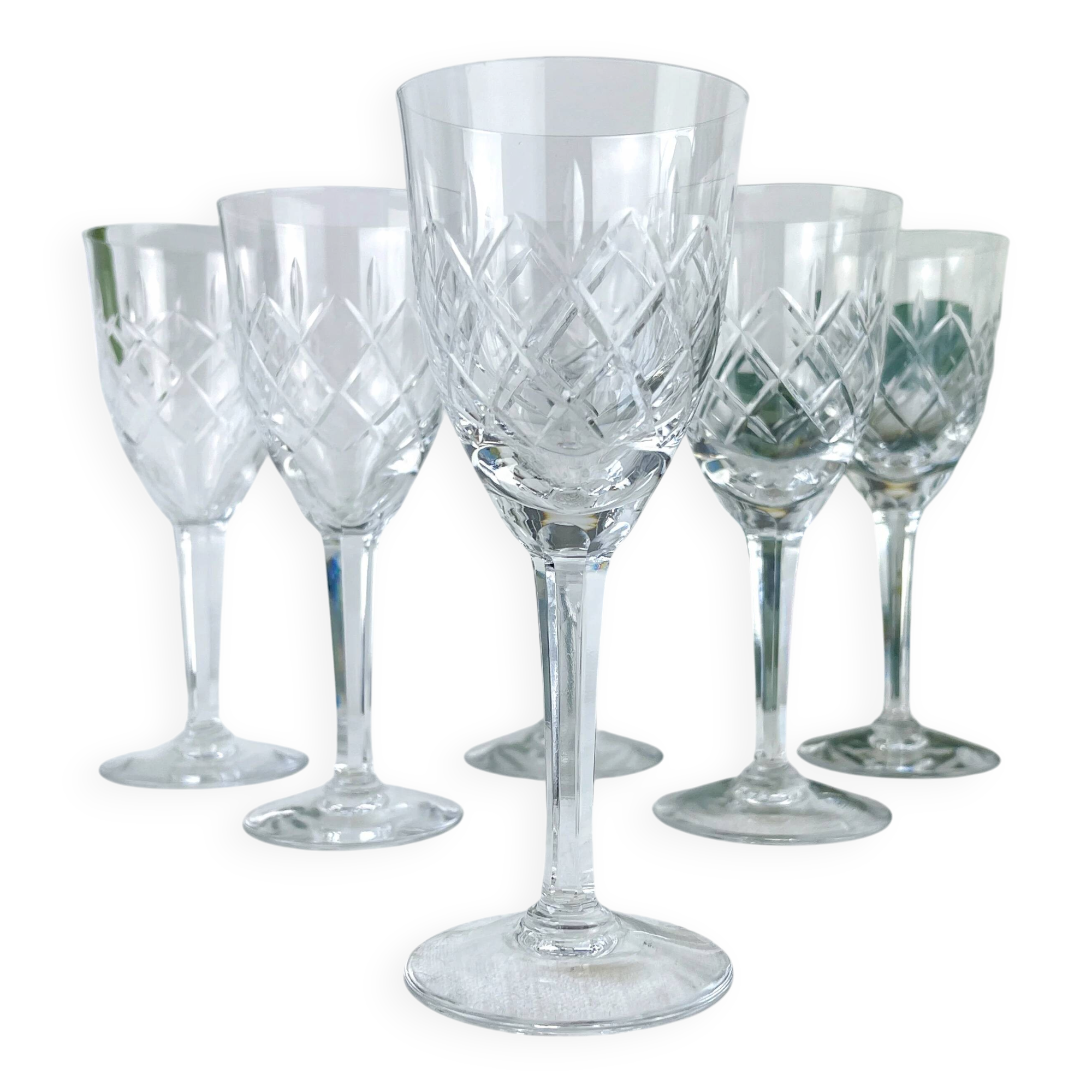 6 vintage cut crystal water glasses – Lorraine Lemberg Glassworks with original label (1950s–1970s)