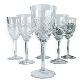 6 vintage cut crystal water glasses – Lorraine Lemberg Glassworks with original label (1950s–1970s)
