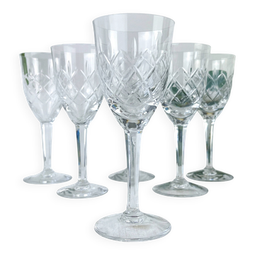 6 vintage cut crystal water glasses – Lorraine Lemberg Glassworks with original label (1950s–1970s)