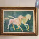 Framed painting representing horses, signed, XX th