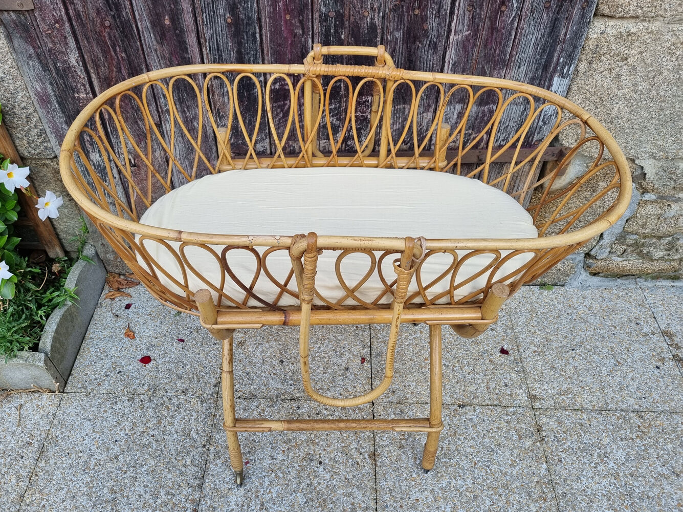 Rattan and bamboo cradle, vintage, 60s