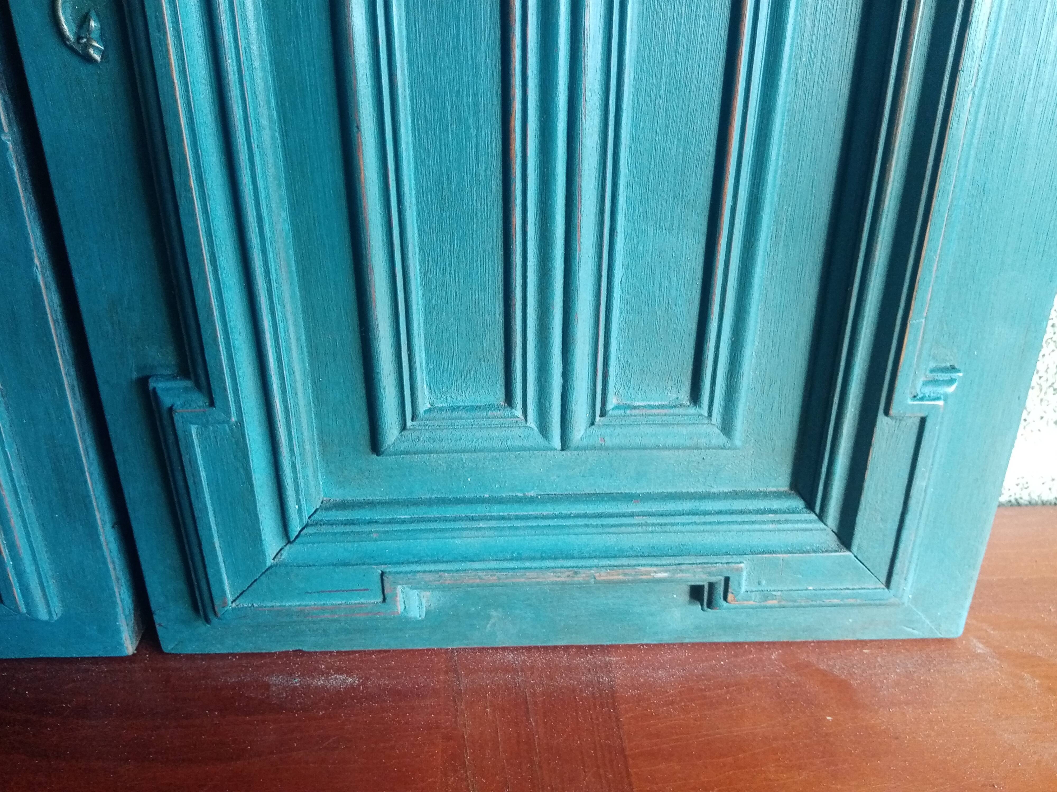 Pair Old Patinated Door Blue Aubusson Wooden Door Deco
