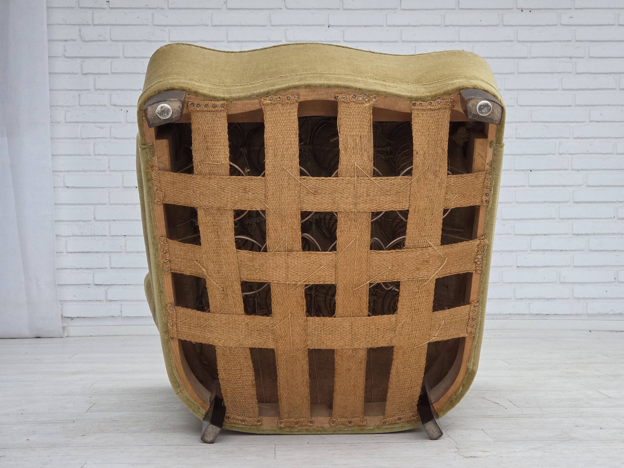 1960s, Danish armchair, green furniture velour, oak wood.