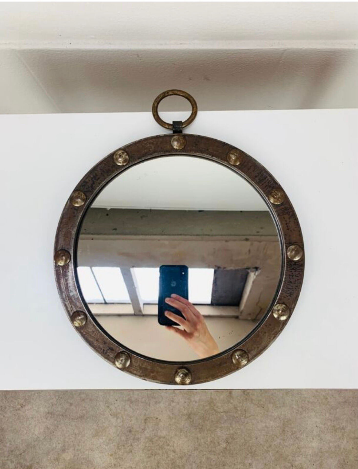 Round mirror with iron frame, vintage