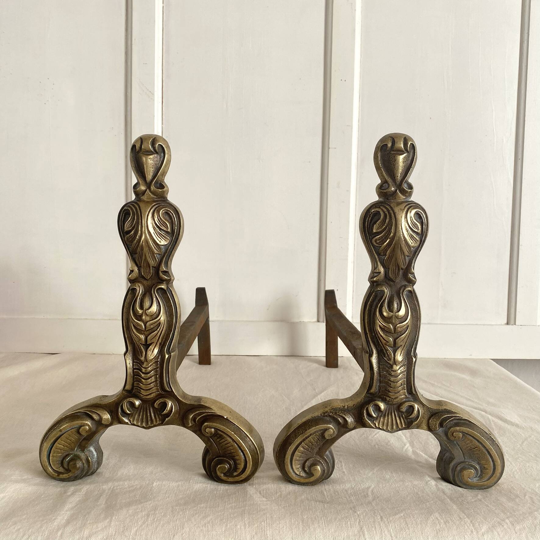 Pair of brass and cast iron fire dogs