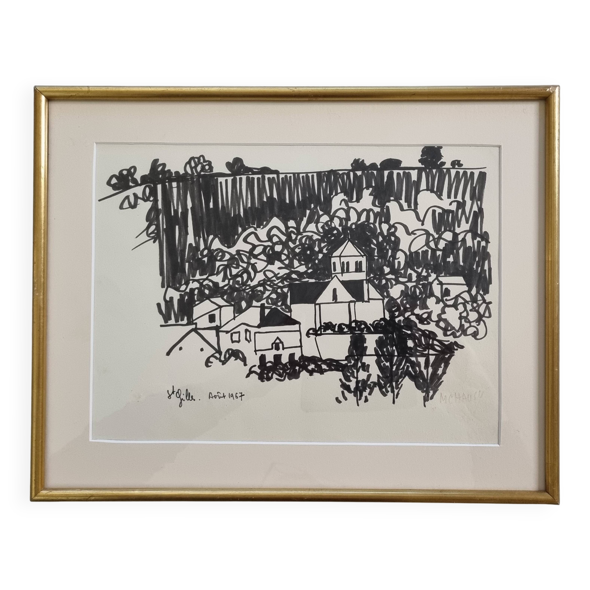 Encre moderniste, encre noire sur papier 1967, St Gilles, signée 39 x 31 cm
