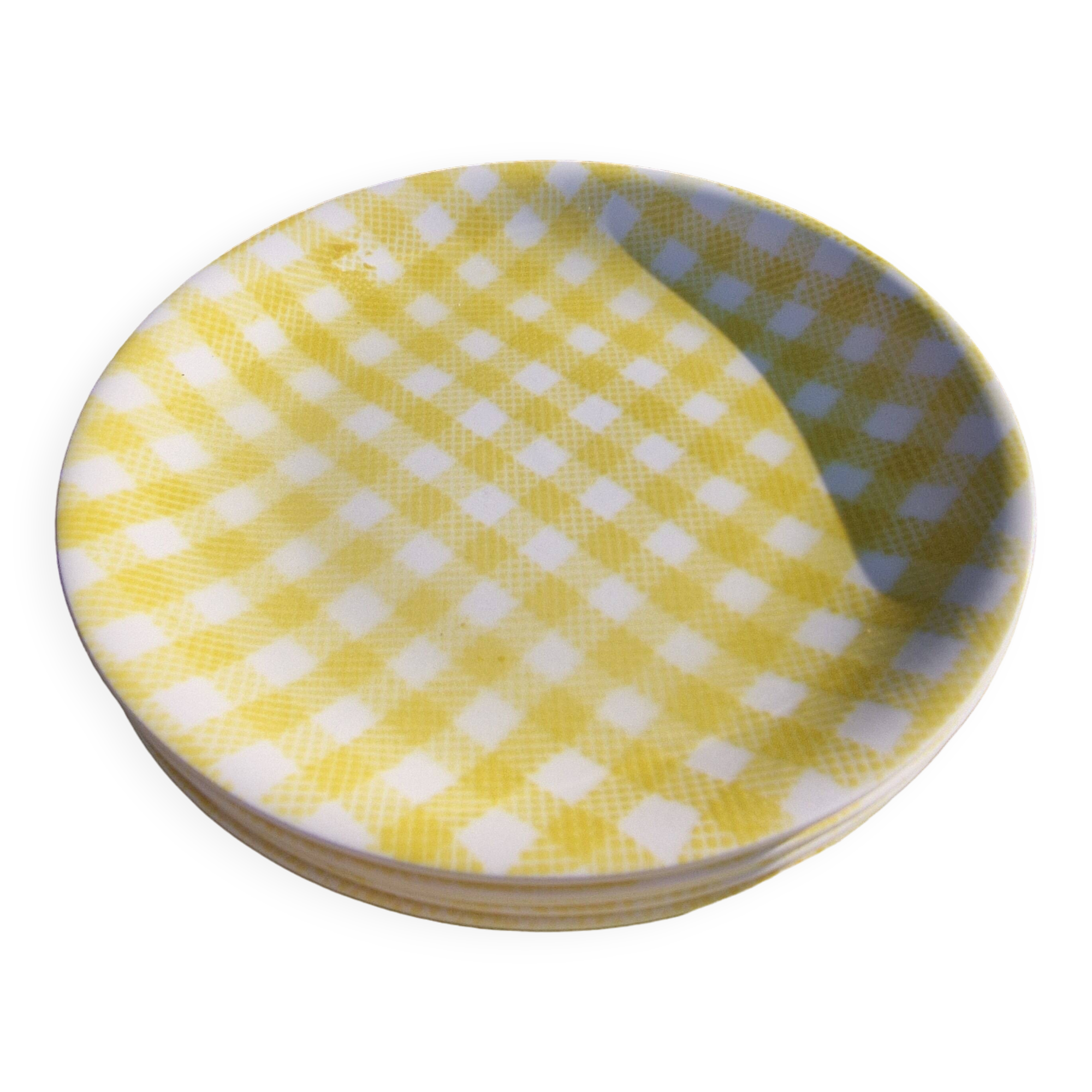 Set of 5 salins flat plates, saint raphael model, yellow checks, 24 cm, 60s