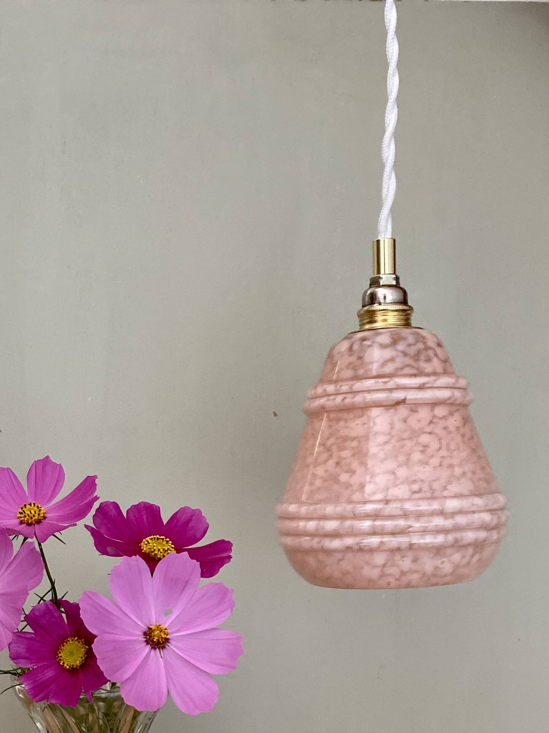 Vintage tulip pendant light in pink Clichy glass
